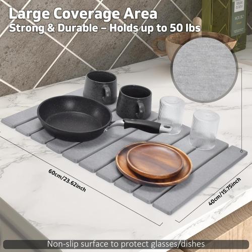 Stone Dish Drying Mat for Kitchen Counter – Collapsible 24(L)×16 (W) Super Absorbent Diatomaceous Earth Dish Drying Mat, Grey Kitchen Counter Mats for Dishes ,Bottles, Cups, Match Any Countertop