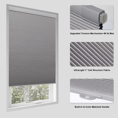 Tonature No Drill Cellular Shades for Indoor Windows, Thermal Insulating & Noise Reducing Honeycomb Blinds, Free Stop Cordless Blackout Shades, Grey, 26 1/2 W x 64 H