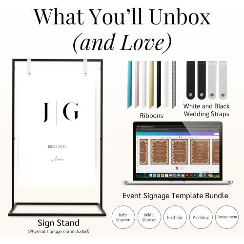 Black Wedding Sign Holder Stand - Elegant Metal Welcome Sign Stand for Wedding, Baby Shower, Bridal Party - 2 Sign Straps, 7 Ribbons for Hanging - Sturdy Display Easel for Seating Chart & Fabric Signs