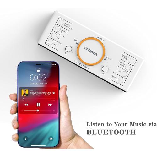 iTOMA Alarm Clock Radio, 1.4 White LED Display Clock with Bluetooth, FM Radio, Dual Alarm, Sleep Timer, Snooze, Auto & Manual Dimmer, USB Charger and Night Light CKS718