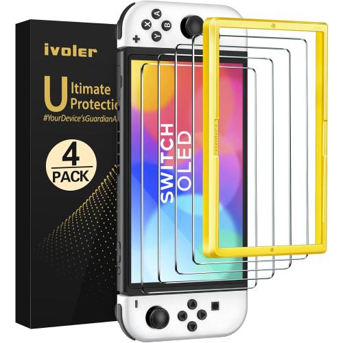ivoler 4-Pack Tempered Glass Screen Protector Designed for Nintendo Switch OLED Model 2021&2023 with [Alignment Frame] Transparent HD Clear[Updated Version] Screen Protector for Switch OLED 7''
