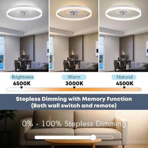 20‘’ Ceiling Fan with Light, Upgraded Low Profile Fan, Flush Mount Ceiling Fan, 6 Speeds, Dimmable LED, App & Remote Control, Quiet DC Motor, for Bedroom, Living Room, F115 White
