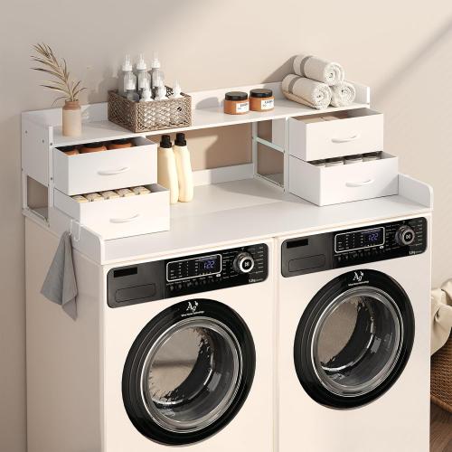 4 Drawers Washer Dryer Countertop with Shelf, 27.5 D x 54 W Laundry Topper with 3.54 High Guardrails and Non-Slip Pads,Extra Storage Organizer for Over Washer and Dryer, Holds 66 Lbs,White