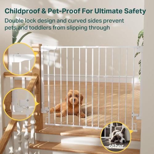 Cumbor 34 Extra Tall No Bottom Bar Baby Gate for Stairs, 29.2-43 Dog Gate | Hardware Mounted, Expandable Extra Tall Safety Gate for Larger Pets, Dual Lock Pet Proof, Easy Walk-Thru for Access (White)