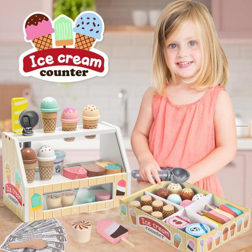 Toyssa Wooden Ice Cream Toys Kids Pretend Play Store Toys for Toddlers Girls 3 4 5 6, Wooden Food Christmas Birthday Gifts Play Kitchen Accessories for 2 3 4 5 Year Old Girls Boys