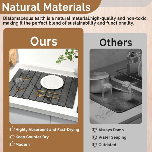 Large Stone Dish Drying Mat for Kitchen Counter, Quick Dry Stone Dishes Mats,Foldable Water Absorbing Diatomaceous Earth Drying Organizer Pad for Plate Rack Bottles Utensils(Dark Gray 24×16 & 8x4)