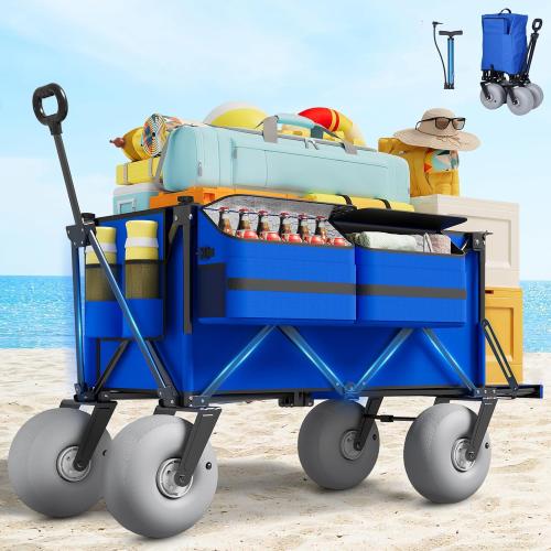 Beach Wagon with Big Wheels for Sand - 450lbs Load Heavy Duty Wagons Carts Foldable with 9 All Terrain Inflatable Tires, Collapsible Beach Cart for Grocery Shopping Garden Sports Camping Outdoor