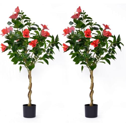 Nisorpa 2 Pcs 4 Feet Hibiscus Artificial Tree Faux Tree with Red Flowers Artificial Flowering Trees for for Front Porch Office Home Patio Indoor Outdoor Decor