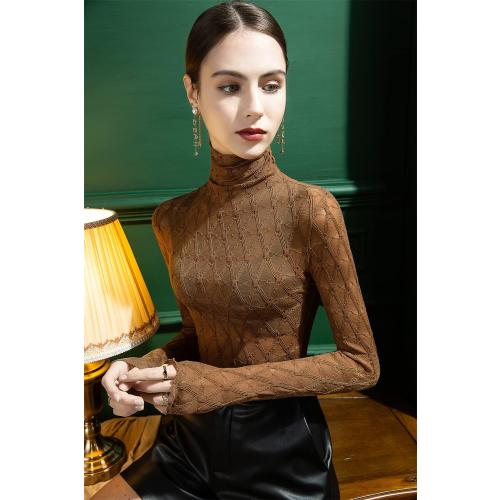 Women's Large Long Sleeve Bodycon Turtleneck Tees Top Lace Sexy See Through Sheer Mesh Eyelash Trim Shirts Elegant Blouse