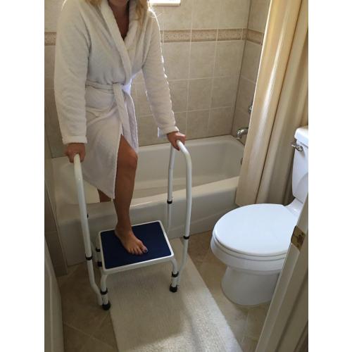 AdjustaStep(tm) DoubleSafe Deluxe Step Stool/Footstool with Dual Handle/Handrail, Height Adjustable. Modern White/Blue Design. Padded Non-Slip Hand Grips