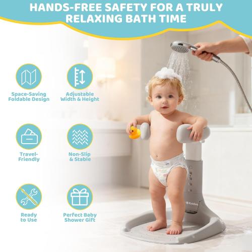 4our Kiddies Foldable Baby Shower Standing Support for Toddlers & Infants 8-36 Months, No Setup Anti-Slip Bath Stand Holder, Adjustable Height, Portable Travel & Storage, Easy Clean, Grey