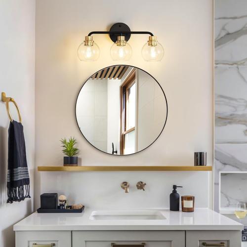 3 Light Bathroom Vanity Light, Black and Gold Bathroom Light Fixtures with Clear Glass Shade Modern Wall Sconces Lighting Bath Wall Lights Lamp for Mirror Kitchen Living Room Bedroom Hallway Cabinet