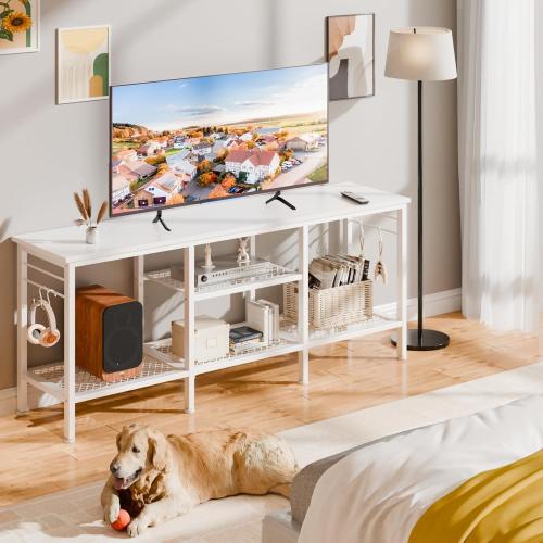 Furologee TV Stand for TVs up to 55 Inch, Entertainment Center with Open Storage Shelves, Media Console Table with Soundbar Shelf for Living Room, Bedroom, White