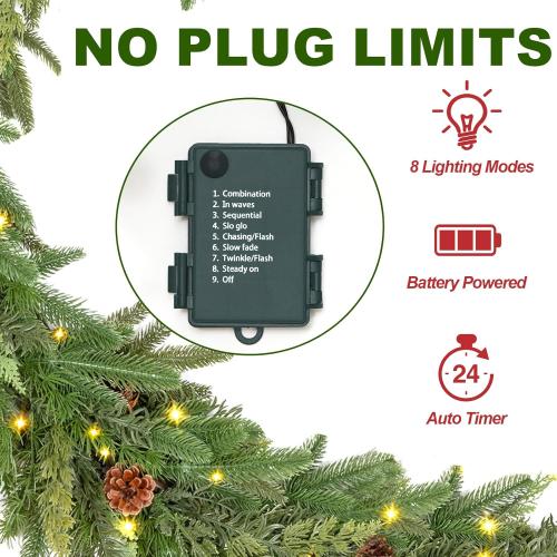JOJOLEE 72inch Pre-Lit Christmas Garland with Timer Lights, Battery Operated Mixed PE Pine Greenery Garland with Natural Pine Cones, Realistic Evergreen Holiday Mantle Fireplace Stair Doorway Décor