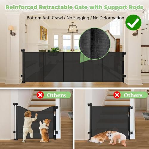 96 Inch Wide Reinforced Retractable Baby Gate with Support Rods, Extra Long Dog Gate Retractable Gate Outdoor Gates for Decks, Prevent Crawling Under Extra Long Baby Gates for Large Openings, Black