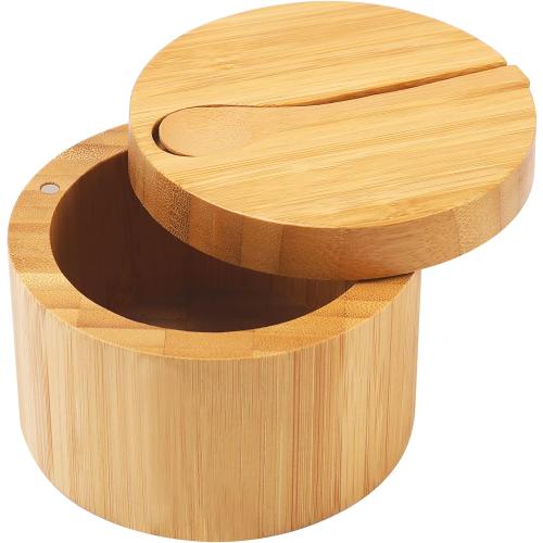 HTB Bamboo Salt Cellar with Mini Spoon, Kitchen Salt Box with Swivel Magnetic Closure Lid, Round Salt Container to Storage Pepper Spice Bath Salt Sea Salt