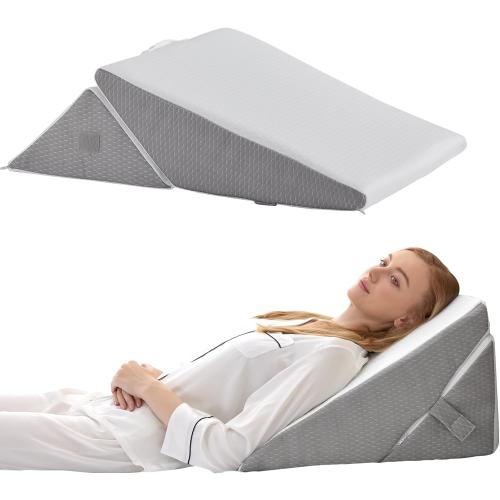 Wedge Pillow for Sleeping, Adjustable 9&12 Inch Foldable Bed Wedge Pillow Set, Orthopedic Memory Foam Triangle Pillows Wedge, 7-in-1 Elevated Pillows for Leg and Back Support, White/Grey
