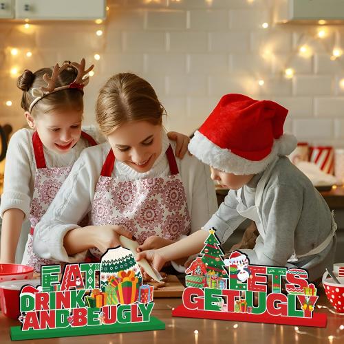 4Pcs Ugly Sweater Christmas Party Decorations Wooden Table Centerpiece Ugly Sweater Party Table Decorations Lets Get Ugly Tabletop Tiered Tray Decor for Holiday Xmas Party Supplies