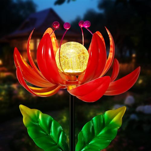 Color Red Solar Lights Outdoor Garden Decor, Solar Wind Spinner Yard Decorations for Outside, Lotus Windmill Pathway Lights with LED Cracked Crystal Ball Waterproof Flower Sculpture for Patio Lawn Garden Gifts