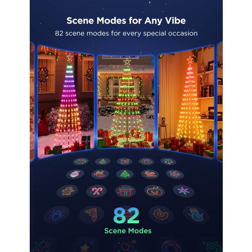 Govee Christmas Cone Tree Lights, 7.5ft 370 LEDs RGBIC Christmas Tree Lights with Smart App Control, IP67 Waterproof Outdoor String Lights for Christmas Decorations, 82  Scene Modes, Music Sync