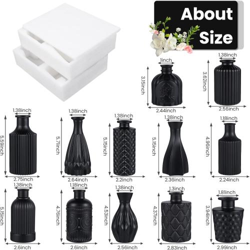 12pcs Glass Black Bud Vases Set, Small Vases for Flowers, Bud Vase for Centerpieces in Bulk, Mini Vintage Vase for Rustic Wedding Decorations, Office and Home Table Flower Décor