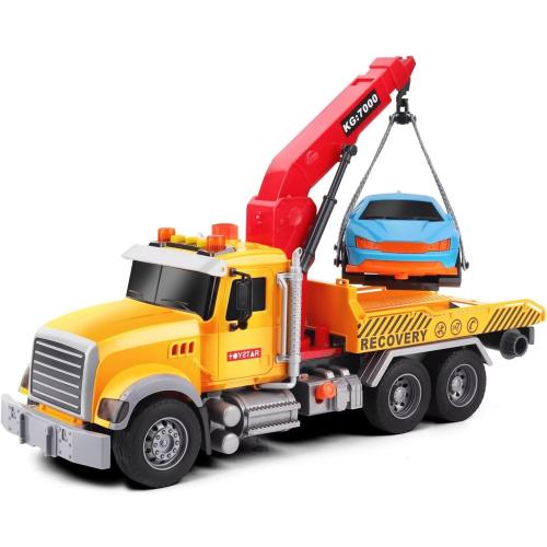 Dwi Dowellin Kids Toys for 3 4 5 6 7 Years Old Boys, 15 Large Tow Truck Toy,Friction Powered Transport Truck Crane Toy with Lights and Sounds,with Roadster,Toddlers Gifts