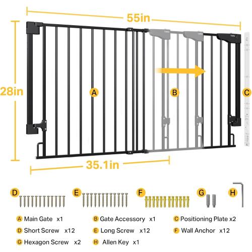 Cumbor 35.1–55 No Bottom Bar Baby Gate for Stairs, 2-in-1 Auto Close Dog Gate Indoor, Hardware Mounted Wide Pet Gate for Doorways with Large Walk Thru Door, Child-Proof Safety Gate for Kids (Black)
