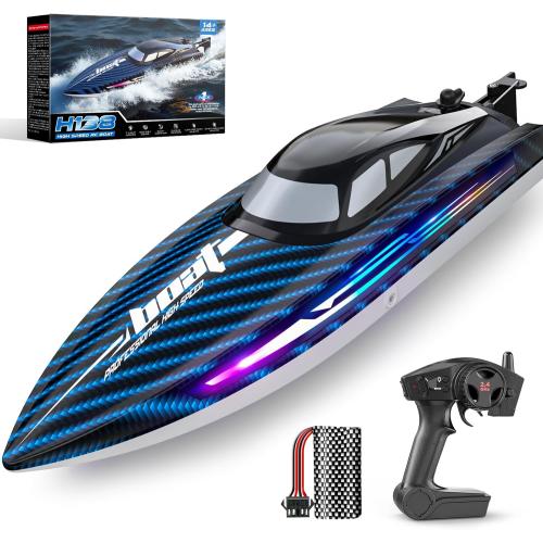30KMH RC Remote Control Boat with 7 LED Light Modes Waterproof Electric Fast Speed Boat for Adults Kids 8-12 Lake Pool Water Play,Self-righting,Demo,Water Cooling,20Mins,Low Battery Alert,2.4Ghz,Blue