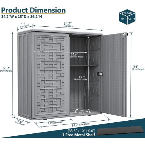 HOMSPARK Indoor/Outdoor Storage Cabinet with Doors and Shelf, 34”x15”x36” HDPE Plastic Storage Box Waterproof for Patio, Garden, Balcony, Multi-Purpose for Daily Tools, Grey