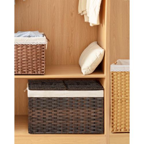 SETVSON Storage Basket with Lid Wicker Baskets for Storage with 2 Separate Lid 42.3 Gallon (160 L) 29.9 x 17.3 x 18.1 Inches Rattan Woven Large Wicker Basket with 2 Liners for Bedroom Laundry Brown