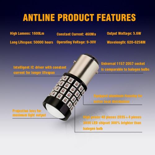 Antline 1157 LED Bulb Flash Strobe Red (2 Pack), 9-30V Super Bright 1600 Lumens 2057 2357 7528 52-SMD LED with Projector for Replacement, Flashing Strobe Brake Tail Stop Light Bulbs