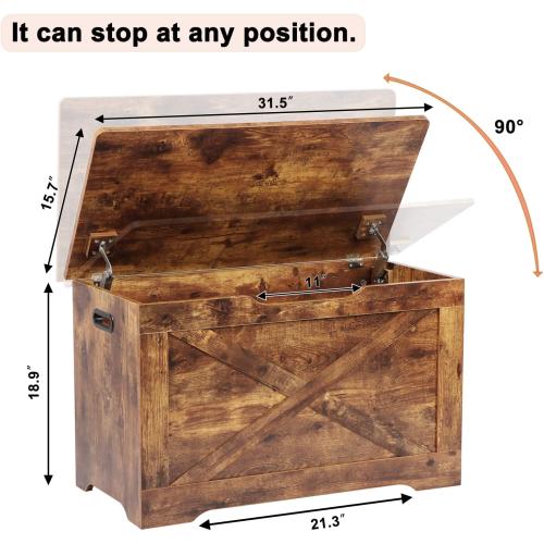 Brown 15.7 x 31.5 x 18.9 Storage Chest, Wooden Storage Bench, Entryway Shoes Bench with 2 Safety Hinges, Retro Storage Trunk for Living Room, Bedroom, 15.7 x 31.5 x 18.9 Inches, Rustic Brown