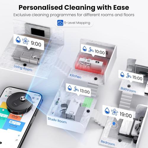 Proscenic Q8 Robot Vacuum Cleaner with Mop, Ultra Strong 6000Pa Robotic Vacuum with Lidar Navigation, 5 Real-Time Mapping, WiFi/Alexa/APP Remote Control Robot Hoover for Floor Carpet Pet Hair