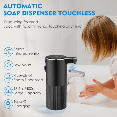 Automatic Foaming Soap Dispenser, 4-Level Adjustable Electric Foam Hand Soap Dispenser, USB Rechargeable Touchless for Bathroom Countertop, Kitchen, 13.5oz, Wall Mounted(Black)