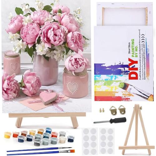 MaiMMaledy Paint by Numbers Kit for Adults Beginners Canvas Pictures with Framed Drawing Painting with Wooden Triangle Easel Pink Flowers *missing paint*