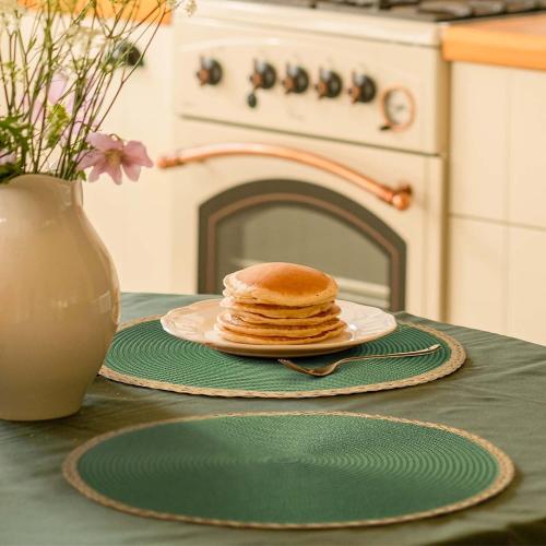 Green 15 Pack of 8 Noctiflorous 15 Inch Round Braided Placemats Set of 8 Washable Wipeable Easy Clean Heat Resistant Woven Dining Table Mats Decor for Holiday Parties Indoor Outdoor Daily Use(Green Thin Edge, 8)