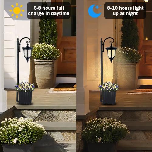 Solar Lamp Post Light with Planter, Outdoor Solar Lights with Crackle Glass, Matte Black Outdoor Flower Pots, 2 in 1 Solar Post Lights Waterproof for Porch Garden Patio