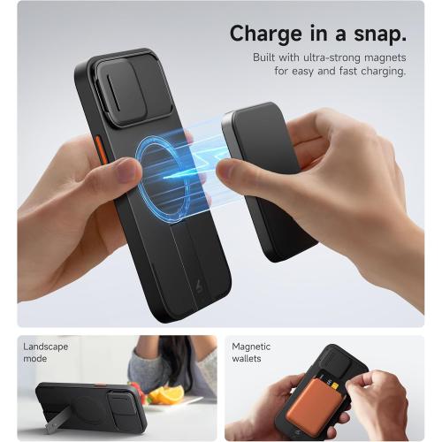 SURITCH for iPhone 13 Pro Max/12 Pro Max Case with Magnetic Camera Slide Cover and Adjustable Kickstand, Compatible with MagSafe, Shockproof Bumper Case Slim Protective Cover 6.7 Inch, Black