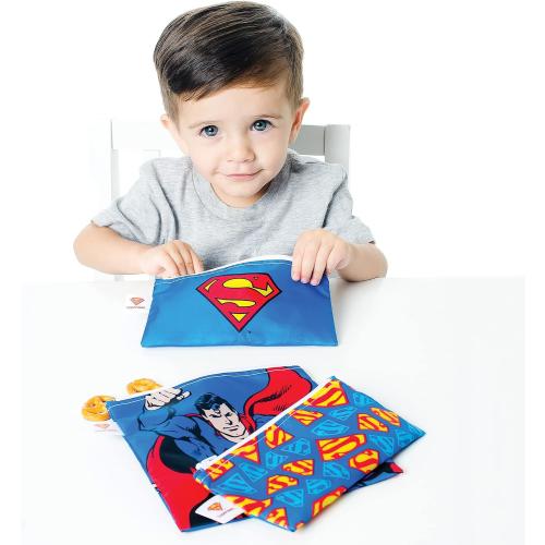 Bumkins Reusable Sandwich and Snack Bags, for Kids School Lunch and for Adults Portion, Washable Fabric, Waterproof Cloth Zip Bag, Travel Pouch, Food-Safe Storage, 3-pk DC Comics Superman