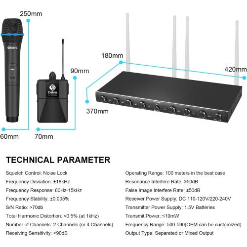 D Debra Audio AU800 Pro UHF 8 Channel Wireless Microphone System with Cordless Handheld Lavalier Headset Mics, Metal Receiver, Ideal for Karaoke Church Party (8 Bodypack)