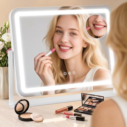 Vanity Mirror with Lights 22x17, Lighted Makeup Mirror with 10X Magnification 4.5, 3 Color Dimmble Lights, Touch Control, 360° Rotation, Metal Frame, Women's Gift, For Bedroom/Dressing Room, White