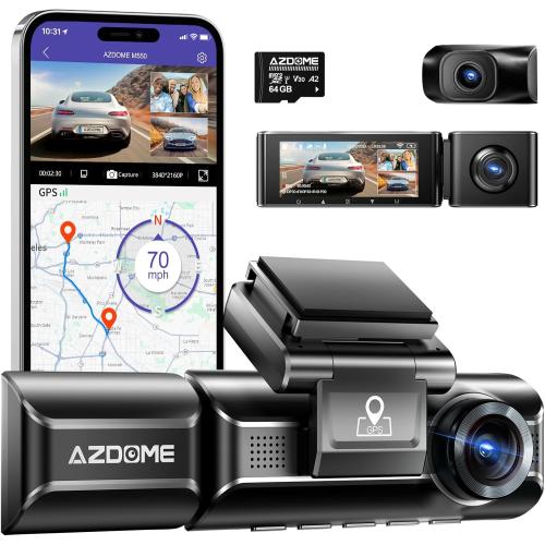 AZDOME M550 3 Channel Dash Cam, 4K 2.5K Dual Dash Camera for Cars Built-in WiFi GPS, 1440P 1080P 1440P Front and Rear Inside, 64GB Card Included, 3.19 IPS Screen, WDR, IR Night Vision, Parking Mode