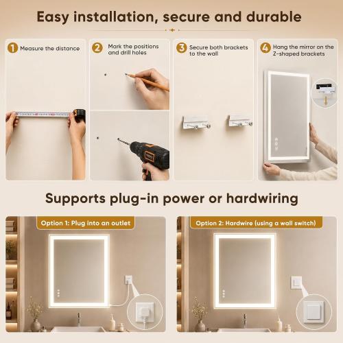 Antok 55x30 LED Bathroom Mirror with Lights, Backlit   Front Lit Vanity Mirror with CRI>90, Dimmable Anti-Fog Smart Mirror with Memory Function, 3 Color Temperatures, Shatterproof Tempered Glass, ETL
