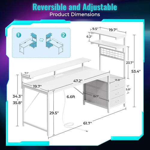 PRAISUN 61.7 Gaming Desk with LED Lights & Outlets, Computer Desk with 3 Fabric Drawers, PC Desk with PC Case Stand & Movable Storage Shelves, Monitor Stand, Reversible, White