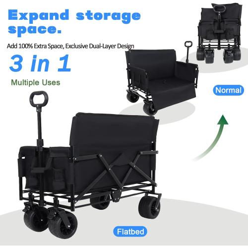 Heavy-Duty 3-in-1 Convertible Folding Wagon Cart with Bench Seat - 500lbs Capacity All-Terrain Utility Wagon, 180L Storage for Camping, Beach, Garden, Sports (Black)