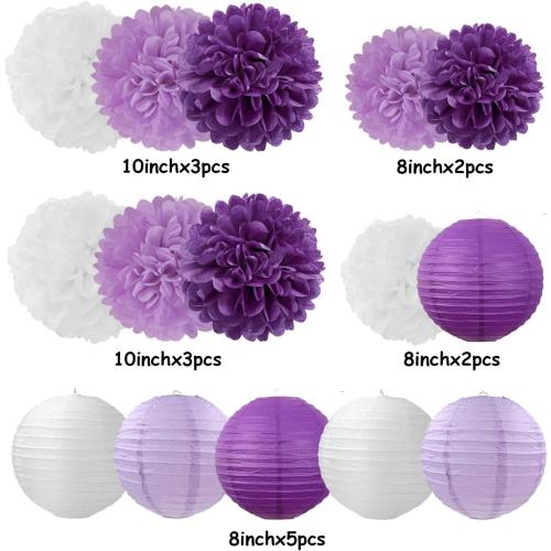 Purple-White Lavender Party Decorations Paper Flowers Lanterns - 15PCS Birthday Graduation Tissue Pom Poms Streamers, Baby Bridal Shower Wedding Retirement Bachelorette Hanging Supplies Decor Hugfond