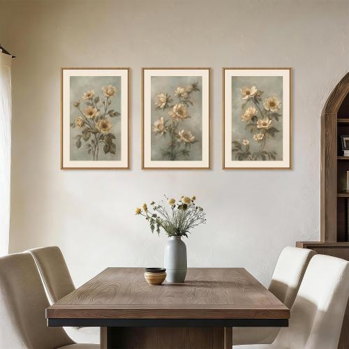 KAIRNE Vintage Botanical Flower Framed Canvas Wall Art Set,Boho Green Beige Floral Wall Decor,Rustic Wildflower Art Prints,Modern Minimalist Artwork for Living Room,Bedroom,Farmhouse,Office-16 x24 x3