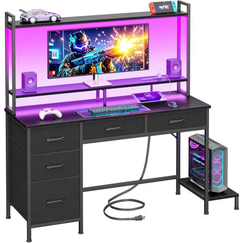 Black Computer Gaming Desk with Hutch, Home Office Desk with Power Outlets, LED Light, 5 Storage Drawers, 2 Tiers Shelves for Display, 47 Inch Modern Study Writing Table for Bedroom, Black