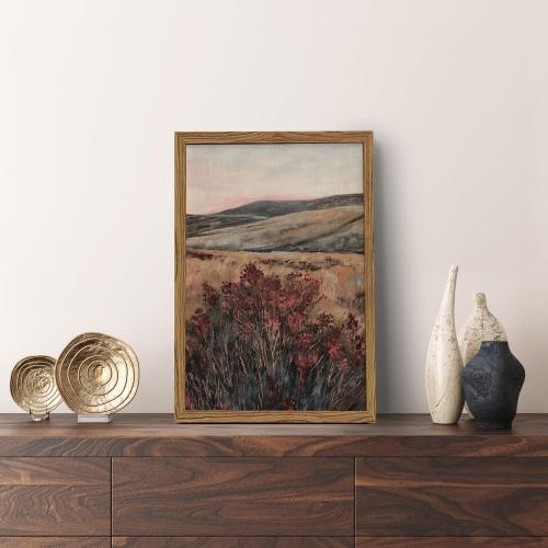 Framed 3D Textured Wall Art, Vintage Landscape Wall Decor Painting, Hand Drawn Sandstone Moody Dark Wildflower Pictures Artwork for Living Room Bedroom 16x24 inch Wood Frame