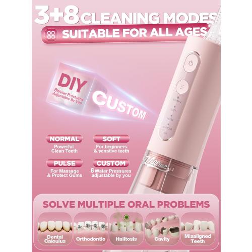 WELLFINE Water Dental Flosser Teeth Pick: Portable Cordless 4 Modes Flossers Pic 300ML Rechargeable Floss Pik Powerful IPX7 Waterproof Oral Irrigator for Cleaning Gum Care Braces for Home Travel